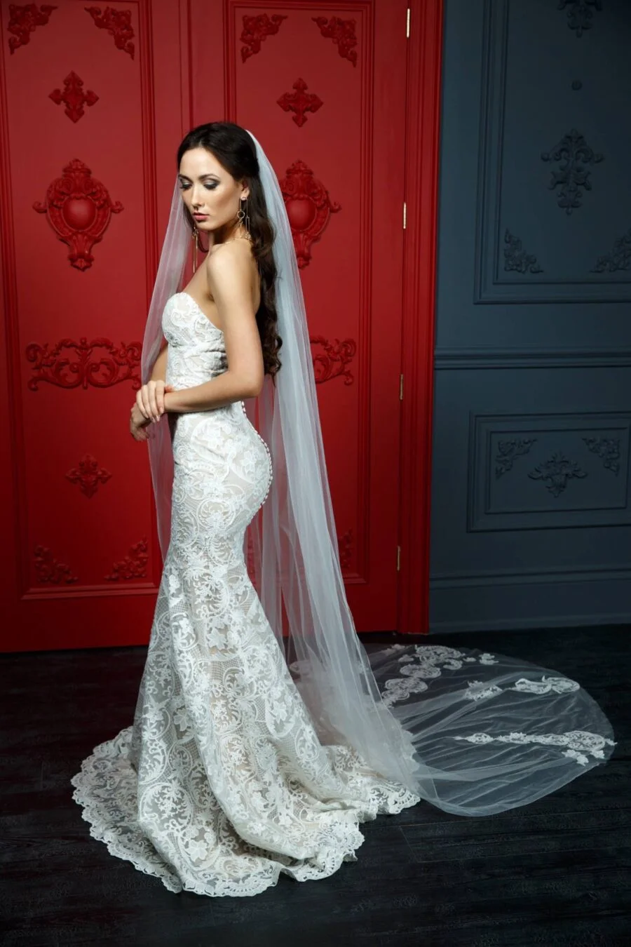 maria bridesmaid dress Lace Fitted Wedding Dress with Illusion Sleeves & Detachable Overskirt