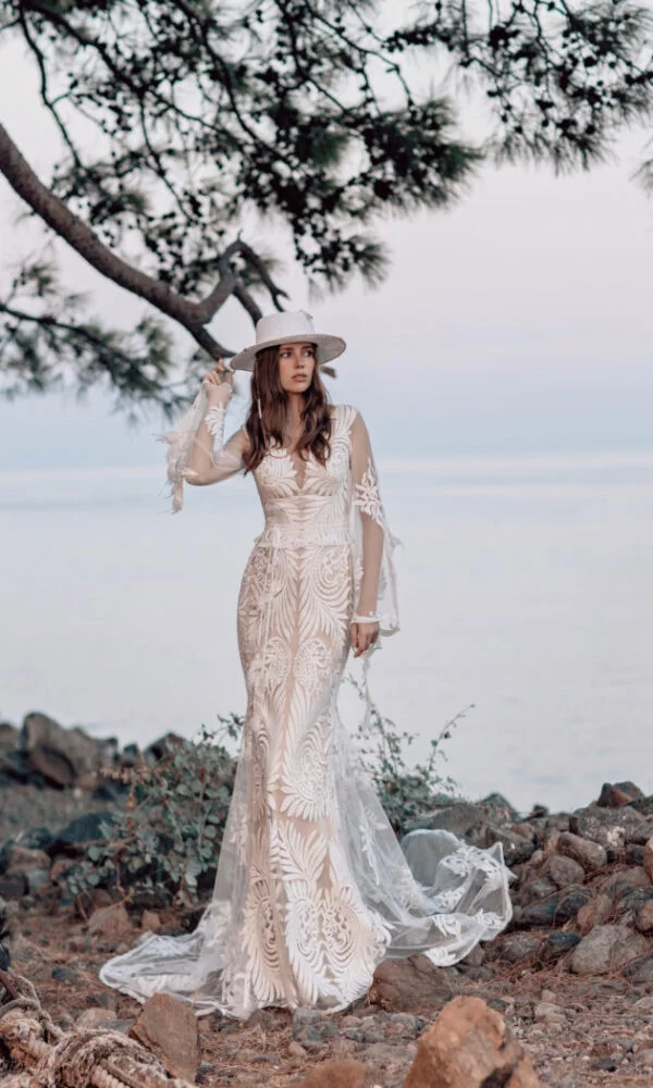 open lace back dress Custom Long Sleeve Ivory Lace Mermaid Wedding Bridal Dress, Elegant Ro   Shindig Threads