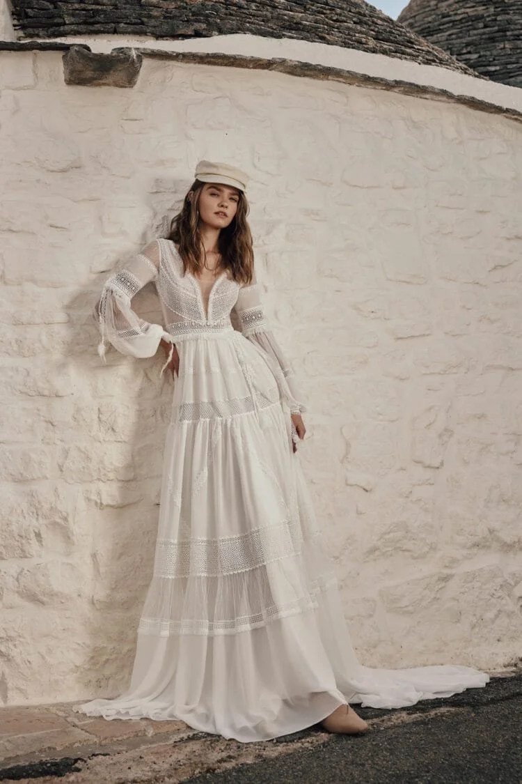 hippie long sleeve wedding dress Hippie Wedding Bohemian Style Wedding Gowns Boho Lace Deep V-Neck Bell  Sleeves A-Line Wedding Dress