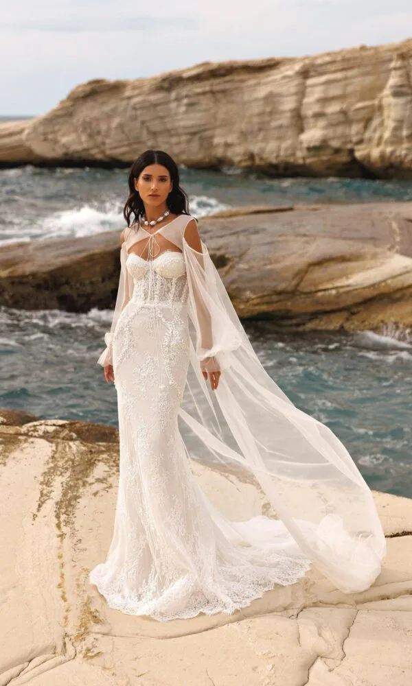 white christmas dresses Luxury Pearl Wedding Dresses Modest Satin Wedding Gown 67279 – Viniodress main image 1
