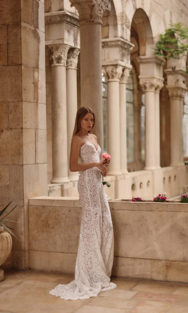 modern beaded wedding dresses Beaded shoulder wedding dress | Pearl reception dress main image 1